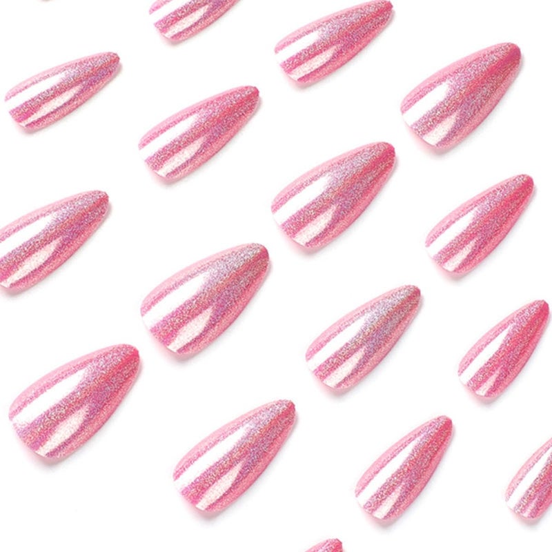 CTTHNBD Press on Nails Almond - Medium Fake Nails with Chrome Colorful Design - Pink False Nails Press ons - for Women 24 Pcs - Image 3